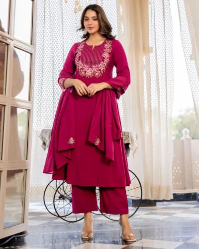 Image of KLOSIA Women's Embroidered A-Line Kurta Set with Dupatta | Floral Embroidery Ethnic Suit Set | Kurta Pant Set for Women | Festive, Wedding