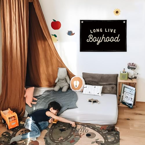 Image of Long Live Boyhood Banner Boy Room Decor, Black Banner Flag Nursery Playroom Wall Decor for Bedroom Living Room Dorm Toddler Decorations Teen Boy Room Decor for kid banner Wall Hanging Linen Flag 30x20