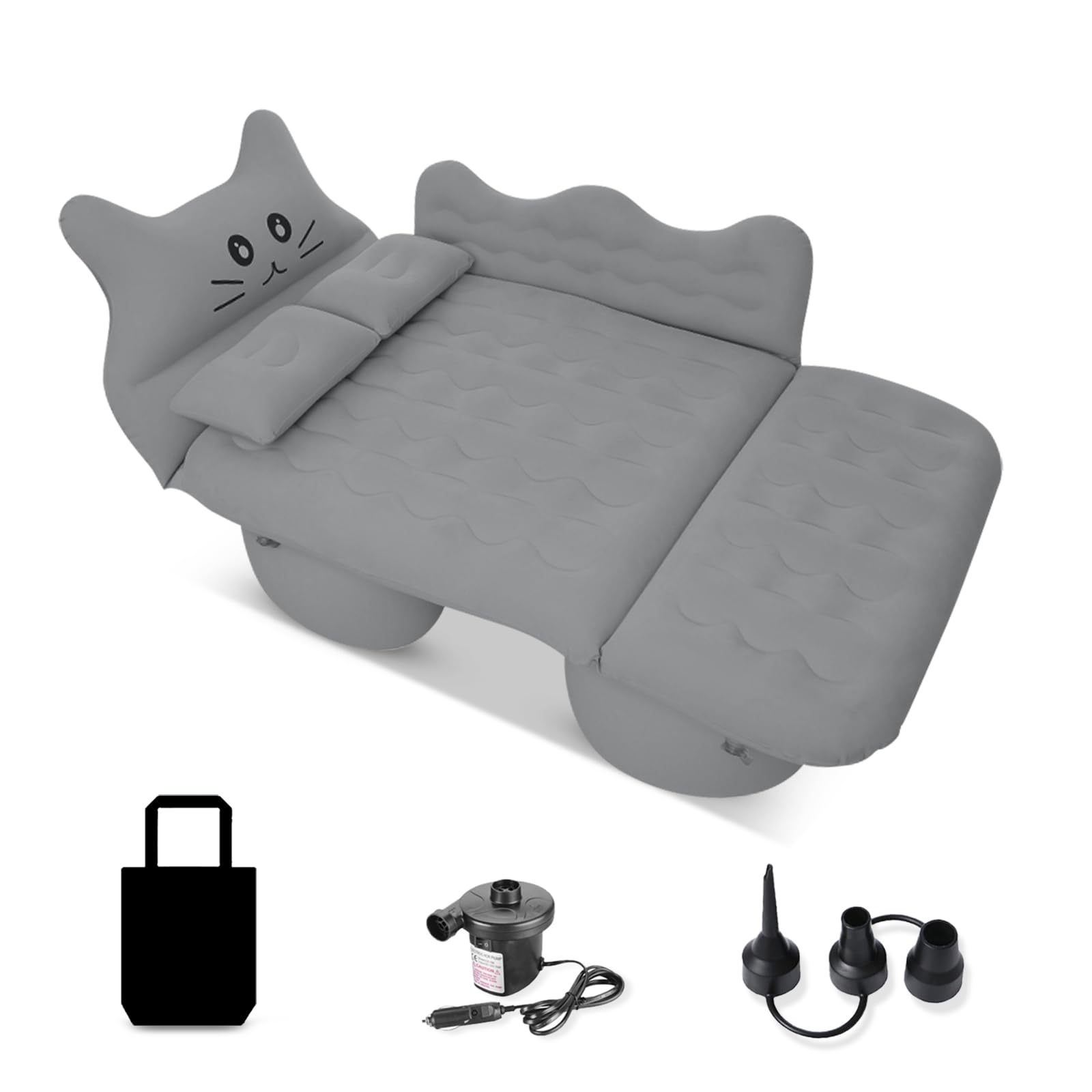 Ergocar Materassino Gonfiabile Gatto Fortunato Floccaggio Materasso Letto per Auto con Pompa per Il Campeggio, Escursionismo, Piscina, Spiaggia, Viaggiare (Grigio)