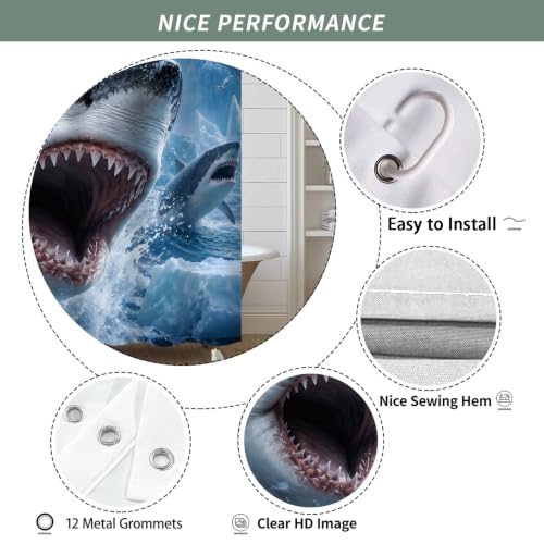 Image of iTapnoom Funny Cat Riding Shark Shower Curtain, Fun Cool Animal Ocean Nautical Coastal Blue Sky Boys Men Bathroom Decor, Waterproof Washable Fabric with Hooks 72x72 Inch