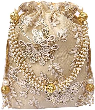 DUCHESS Women's Polti Bag with Pearl Handle and Tassel - Bridal Ethnic Traditional Casual Purse/Clutch/Handbag, 20 L X 2 W X 23 H Cm