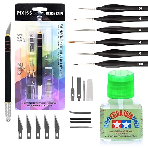 Tamiya Extra Thin Cement with Fine Tip Applicator and Pixiss Miniature Paint Brushes and Hobby Knife Set - 4 oz Plastic Model Glue - 6 Fine Detail Paint Brush Set and Craft Knife Set for Gundam Kits