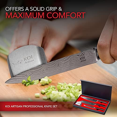 KOI Artisan Professional Knife Set 3 Pieces - Stainless Steel Kitchen Knife Set with Ergonomic Pakka Wood Handle - Japanese Chef Knife Set Presented in Gift/Box