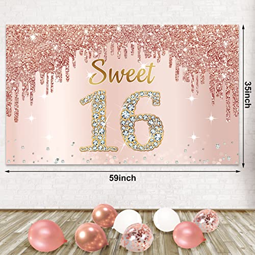 Rose Gold Sweet 16th Birthday Banner Backdrop with Confetti Balloon Garland Arch, Happy 16 Birthday Banner Balloon Set for Girls, Pink Sixteen Bday Poster Photo Booth Decor by Bumqviy - Used condition - Image 4