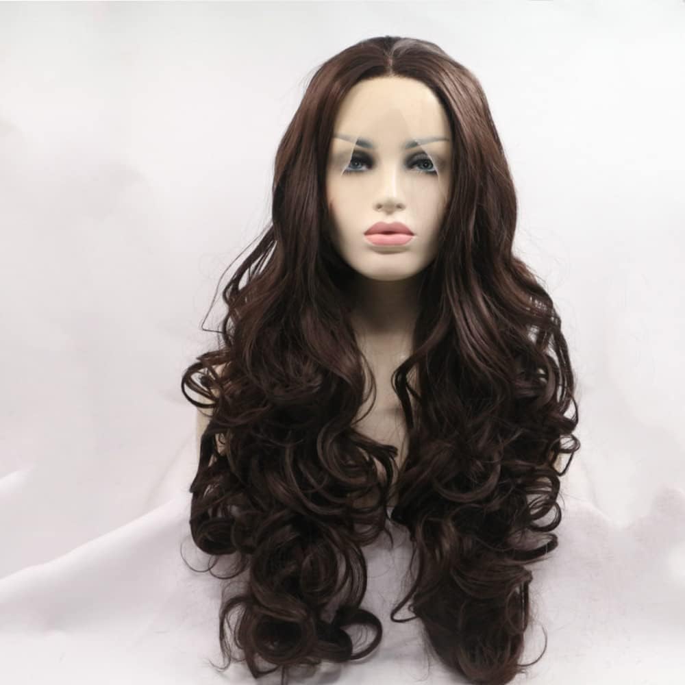 Xiweiya Long Curly Wave 6# Natural Brown Lace Front Wig Synthetic Chocolate Brown Color Lace Frontal Wig Heat Resistant Fiber Glueless Middle Part for Women Drag Queen Cosplay 75cm - Image 3