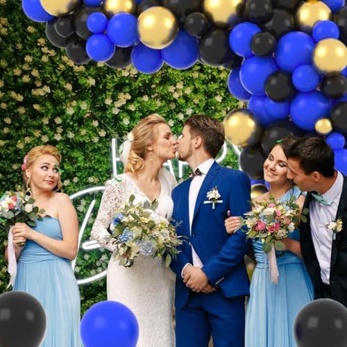 Image of Blue Black Gold Balloon Garland Arch Kit - Royal Blue and Black Black Gold Balloons for Men 30th 40th Video Game Birthday Wedding Retirement Graduation New Year Party Decorations