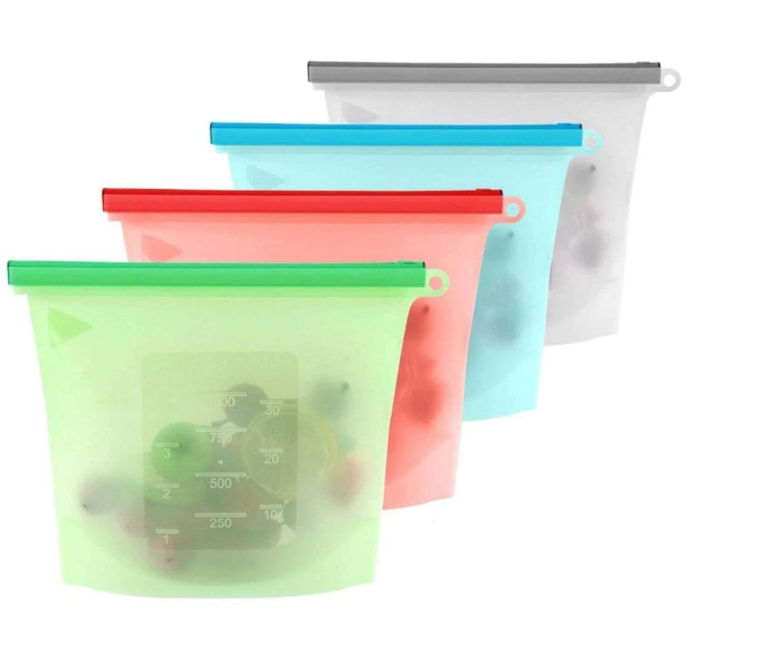 TREXEE (Pack of 4, 1000ml Each) Reusable Silicone Food Bags, Airtight Seal, Leak-proof , BPA free, Safe for Microwave, Freezer, Boiling Water, Dishwasher safe Silicone Pouch Silicone Food Preservation Bag Gallon - Zip Sealed Storage Container