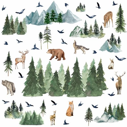 Mountain Tree Wall Decals Watercolor Pine Tree Wall Decals Large Woodland Wall Stickers Forest Flying Birds Deer Fox Bear Animal Wall Stickers for Nursery Kids Room Bedroom Decor