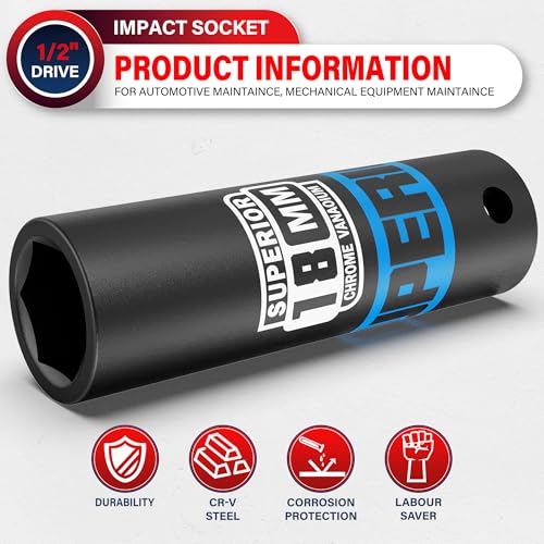 Image of 1 /2 inch Drive Impact Socket, 18 mm Deep Socket, Metric, 6 Point, CR-V, for Automotive Maintaince, Mechanical Equipment Maintaince