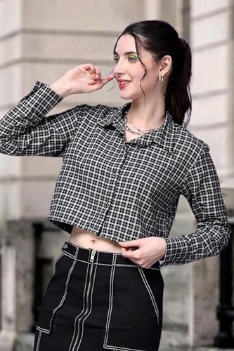 Image of POPWINGS Casual Pure Cotton Checks Crop Shirt for Women | Stylish Western Crop Shirt for Women | Full Sleeves Crop Shirt for Women