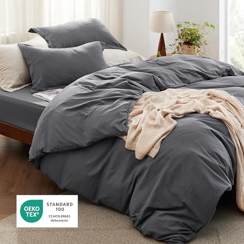 Image of Bedsure Duvet Cover King Size with Fitted Sheet - 4 Pieces Prewashed Cotton-Like Extra Soft Bedding Set, Includes 1 Duvet Cover 104x90 Inches, 2 Pillow Shams, 1 Fitted Sheet, Dark Grey