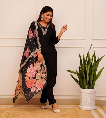 Image of Yashika Women's Print & Embroidered Straight Cotton Blend Stitched Kurta Pant with Dupatta | Kurta Sets for Woman | Kurti Pant Set with Dupatta | Kurta Sets | Kurti for Women