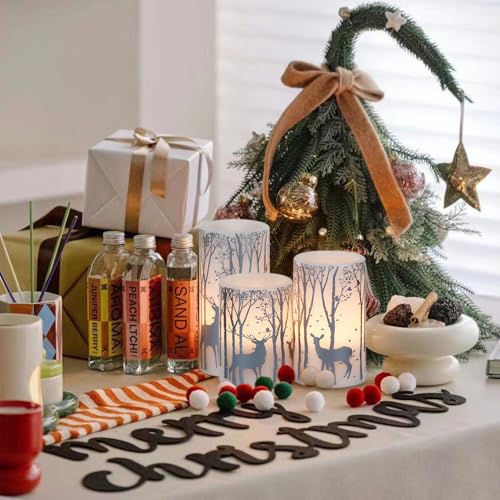 Image of Christmas Flameless Candles with 6H Timer, Real Wax LED Pillar Candles Flickering, Silver Reindeer Birch Battery Operated Candles for Home Decor Christmas Gifts, 3x4 /5 /6 inches