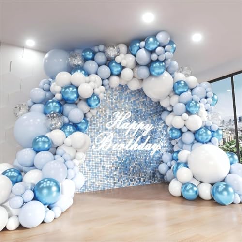 Image of Pastel Blue, White Balloons with blue chrome and silver confetti balloons garland set of 61 pcs for birthday decoration, Baby shower Decoration, Anniversary Party Decoration