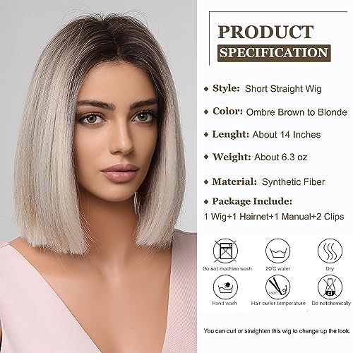 Esmee Short Straight Ombre Brown to Blonde Bob Wigs for Women Shoulder Length Synthetic Wig for Daily Party Cosplay Use - Image 2