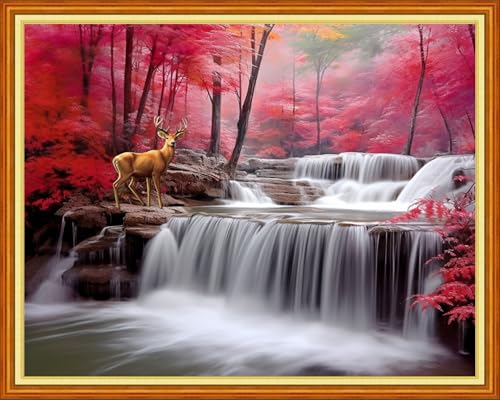 Image of Findvoor Stamped Cross Stitch Kits for Beginner Embroidery Kits for Beginners Adults DIY 11CT Cross Stitch Patterns Needlepoint Kits Crossstitching Kits-Waterfall Deer 16x20 inch