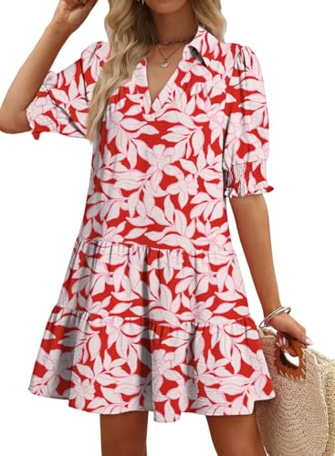 Image of Dokotoo Casual Dresses for Women Lapel Collared V Neck Mid Sleeved Pleated Summer Dresses for Women 2026 Midi Dresses