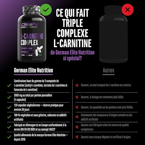 L-Carnitine Triple Complexe - 3000 mg par portion quotidienne – Hautement dosé & végane – Formule premium avec acétyl-, tartrate et fumarate de L-carnitine – 120 gélules – Image 4