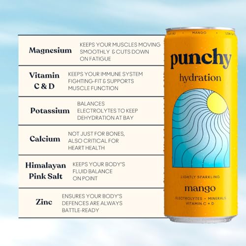 Punchy Drinks - Mango - Everyday Hydration, Lightly Sparkling, Essential Electrolytes, Minerals, Vitamins, Real Fruit, Supports Immunity, Caffeine Free, Aids Muscle Function, Low Calorie - 12 x 330ml - Image 3