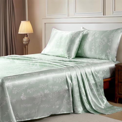 Image of MR&HM Satin Bed Sheets with Elastic Corner Straps, Full Size Sheets Set, 4 Pcs Silky Bedding Set with 15 Inches Deep Pocket for Mattress (Full, Floral Sage)