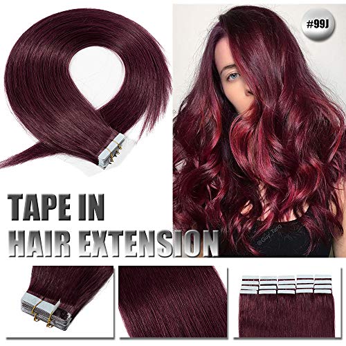 16” 50g Tape in Real Human hair Extension Invisible Seamless Tape in Skin Weft Hair Extension Strong Double side M Tape Straight Natural Remy Hair Extension 20pcs Per Package #99J Wine Red