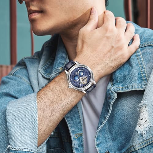 Image of SEAKOSS Luxury Automatic Mechanical Watch for Men, 47mm Skeleton Dress Watch with Dual Hemisphere Dial, Self Winding Movement, Genuine Leather Strap, 5ATM Waterproof