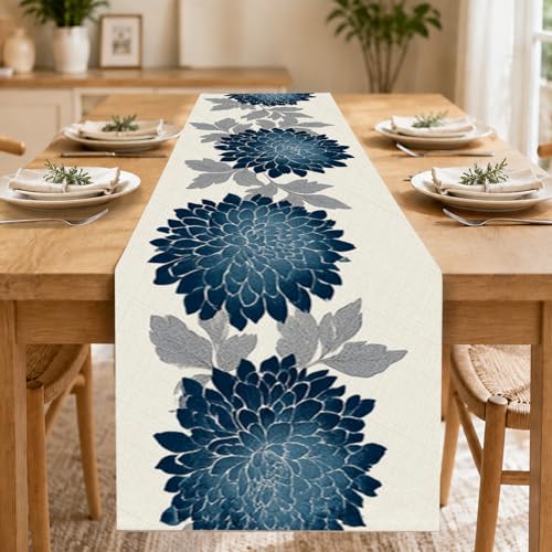 Image of Nuxovilar Blue Dahlia Table Runner Flax 13x72 in