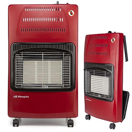 Poêle à gaz pliable HCE62-4200W. Classe énergétique A. Triple système de sécurité, 42 x 74 x 35 cm, rouge