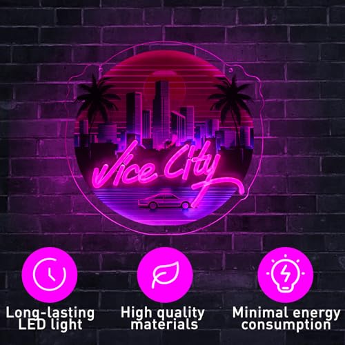 Image of Pink Vice City Neon Sign - Dimmable Led Neon Sign for Bedroom 13.78 x 13.39 Inch,USB Powered for Gaming Room Bar Party Indoor Girl Pub Man Cave Kids Room Decoration Birthday Party Gifts