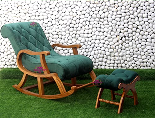 Image of CRAFTCITY Rocking Chair |Sheesham Wood Elegant Rocking Chair with Pillow and Matching Foot Stool and Pre assembeled (Peacock Green)