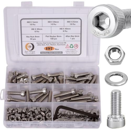 Image of Metric M8 Stainless Steel 202 Grade Allen Bolt Hex Socket Head Cap Scres Nuts & Washers Assortment Kit with Allen Keys & Storage Box - 197 Pieces