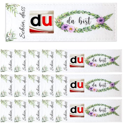 24 Stück Gastgeschenk Kommunion Konfirmation Taufe für Schokolade Verpackung Schön dass du da bist Filz Hülle für Schokoriegel Gastgeschenke Kommunion mit Eukalyptus Fisch