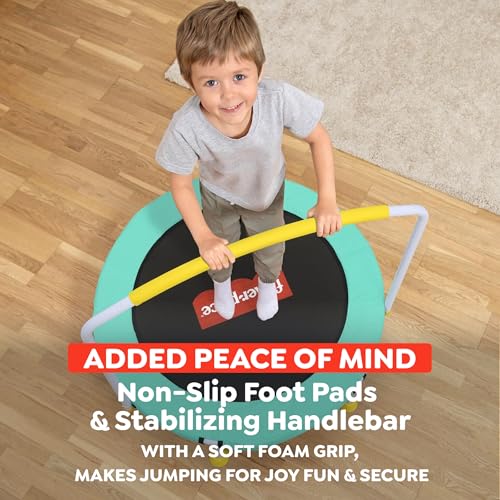 Image of Fisher-Price 3-Foot Mini Trampoline, WonderJump 36-Inch Round Indoor Toddler Kids Trampoline with Stabilizing Handlebar