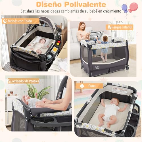 GOPLUS Cuna de Viaje Portátil, Cuna Bebe Plegable con Techo Ajustable, Colchón, Cambiador, Estante, Juguetes, Caja de Música, Ruedas Bloqueables y Bolsa de Transporte, para 0-3 años (Gris-Blanco) - imagen 2