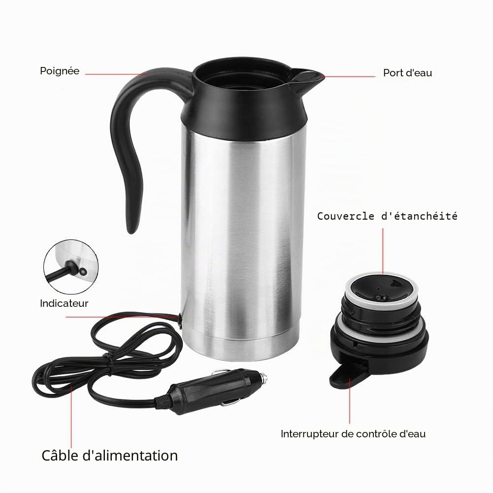 Bouilloire électrique 750 ml, 120 W, pour voiture, Car Van Truck, eau chaude, 12 V, bouilloire de voyage, acier inoxydable