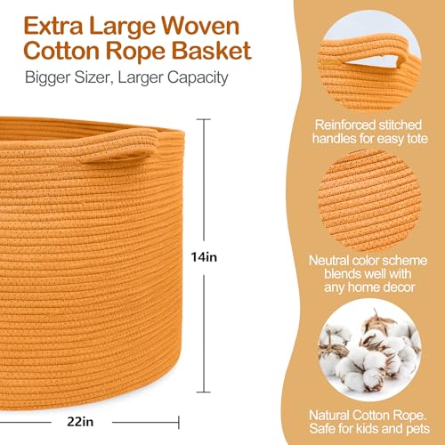 Image of MEGASKET Extra Large Orange Basket, 22 inch X 22 inch X 14 inch Woven Cotton Rope Bins for Blankets, Baby Nursery Wicker Laundry Towel Basket, Kids Dog Toy Storage Box, Big Orange Living Room Decor Organizer