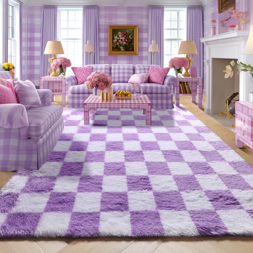 Image of KICMOR Purple Rugs for Bedroom Living Room, Fluffy Soft Checkered 4x6 Area Rug Fuzzy Shag Shaggy Carpet, Indoor Plush Bedside Floor Rugs for Kids Girls Boys Teen Dorm Nursery Home Decor Aesthetic