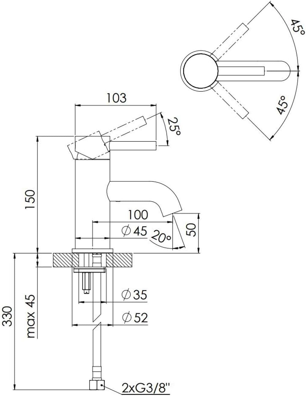 Technical drawing with dimensions of the Steinberg 100 Series Basin Blandebatteri