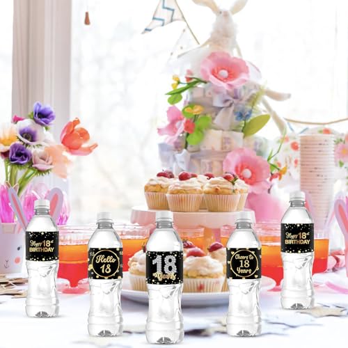 Calcomanías para botellas de agua de 18 cumpleaños que transforman la decoración de tu mesa negra 6