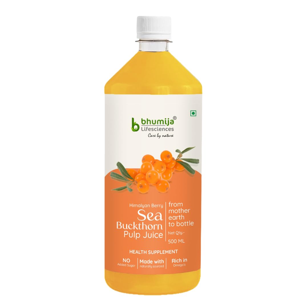 Bhumija Lifesciences Sea Buckthorne Pulp Juice, 500 ml | Immunity Booster | Natural Source of Vitamin A, B, C, E, K, Omega 3, 6, 7, 9 and Antioxidant | Skin Care & Body Detox
