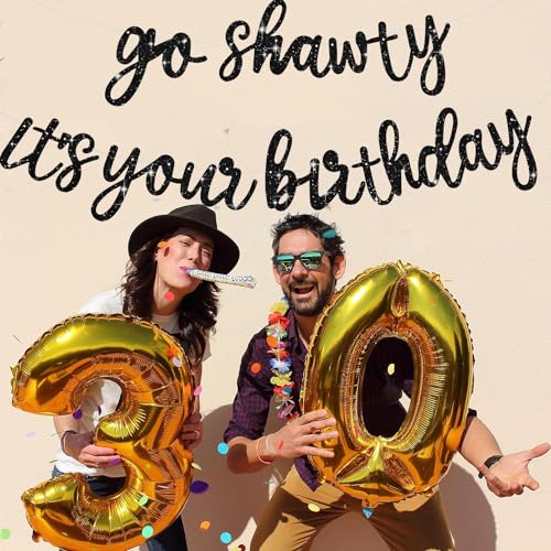 Image of BEISHIDA Go Shawty It's Your Birthday Banner NO DIY Hip Hop Theme Happy Birthday Banner Pre-Strung Rap Theme Happy Birthday Sign for Man Women birthday Party Supply Glitter Black