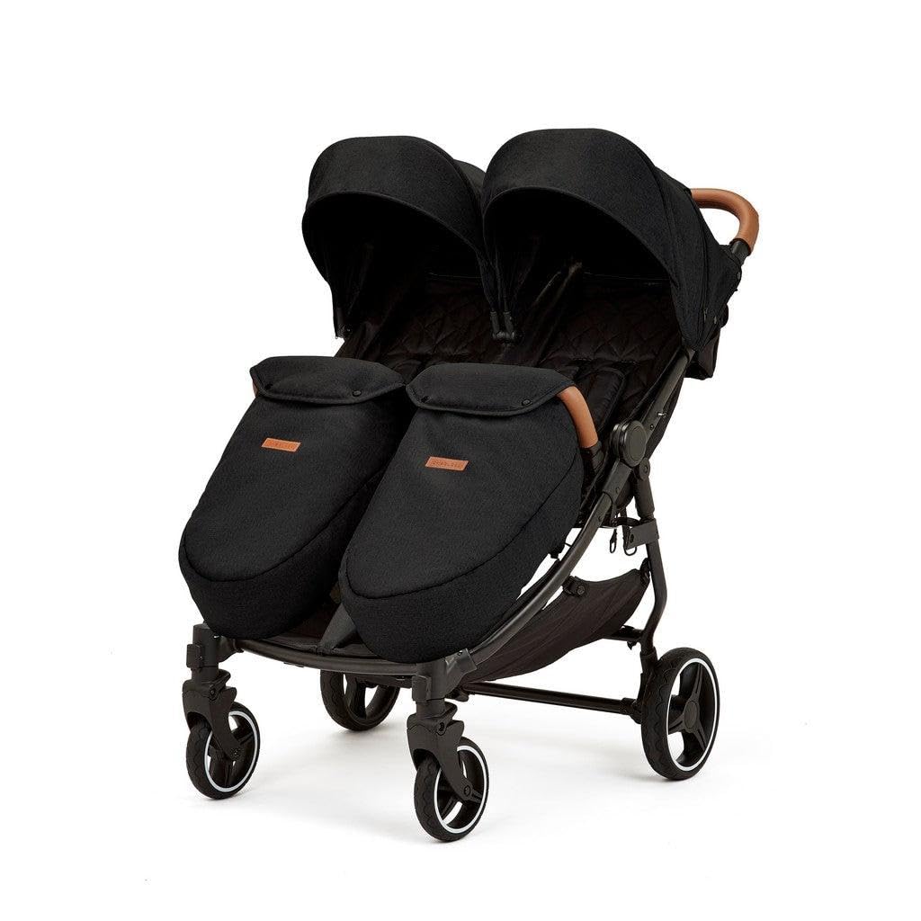 Ickle Bubba Venus Prime Poussette double légère et pliable avec cocon nouveau-né, 2 repose-pieds matelassés et housse de pluie, convient de la naissance à 15 kg (environ 3 ans*) (Noir)
