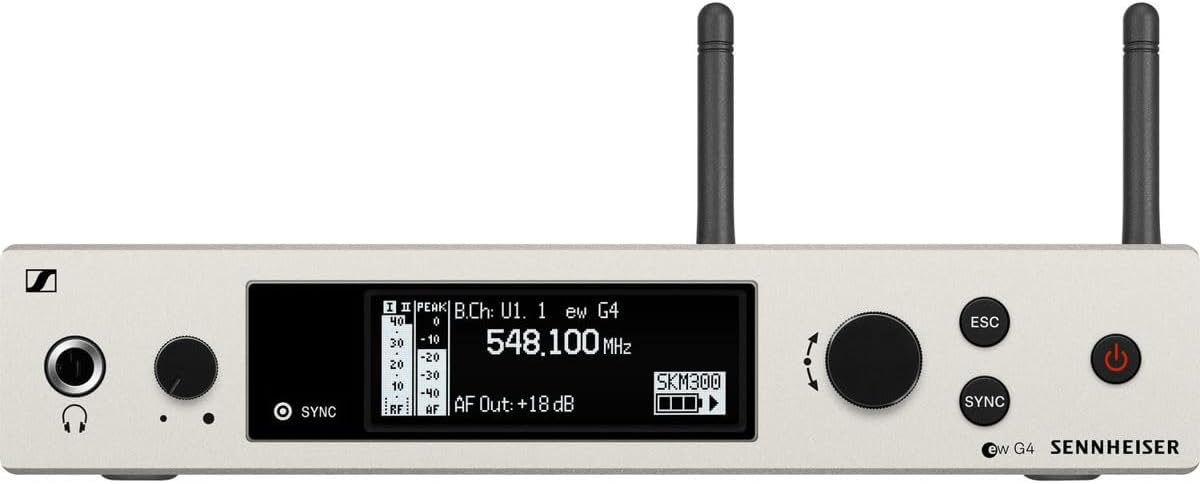Davant view of the Sennheiser EM 300-500 G4 Rackmount Receiver, showing the display, controls, and headphone jack.