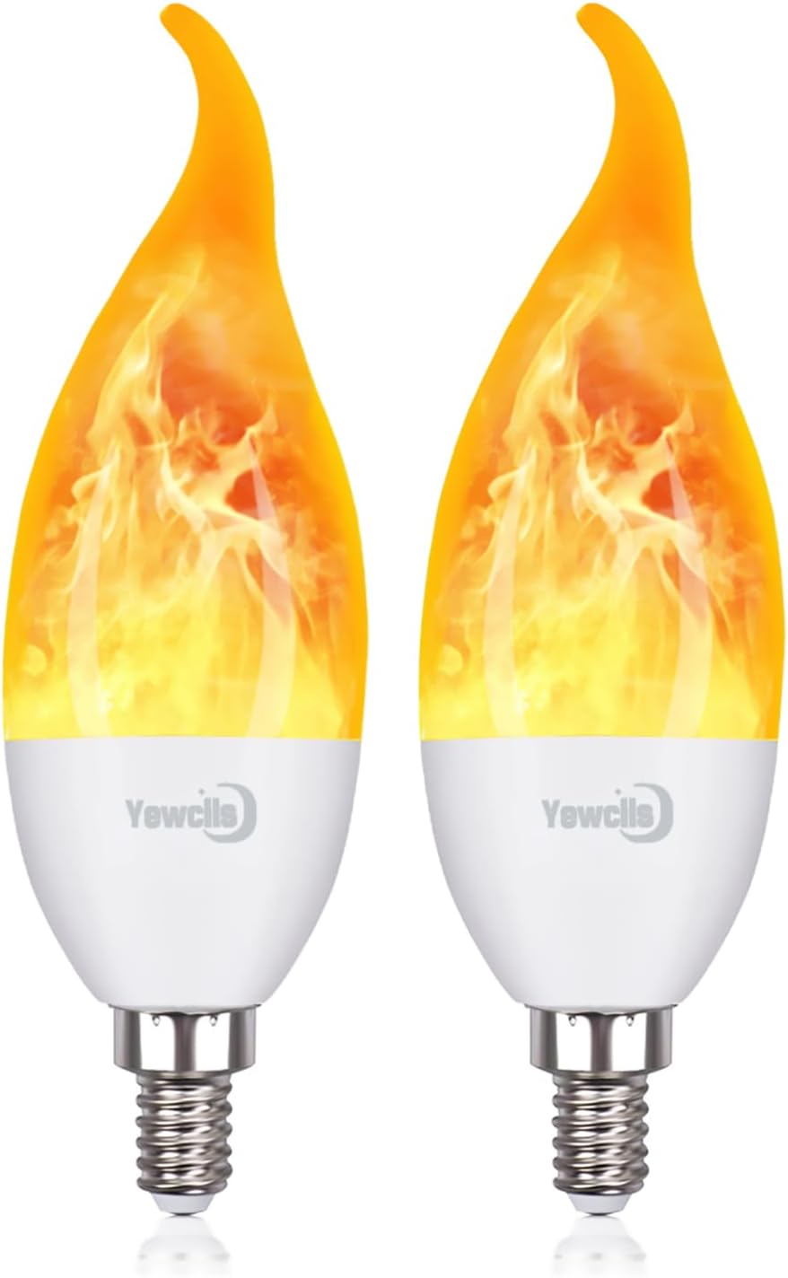 Flame Bulbs E12 LED Flame Light Bulbs 3 Mode LED Candelabra 2W Flickering Effect Light Bulbs for Halloween Christmas Home Decor (2 Pack-Yellow)