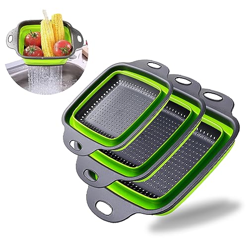3 Set of Collapsible Colander, KEKIMO Square Silicone Kitchen Strainer, 3 Size Collapsible Strainer with 9.5 inch 11.4 inch and 13.8 inch, Good for Draining Pasta, Vegetable and Fruit (Green)