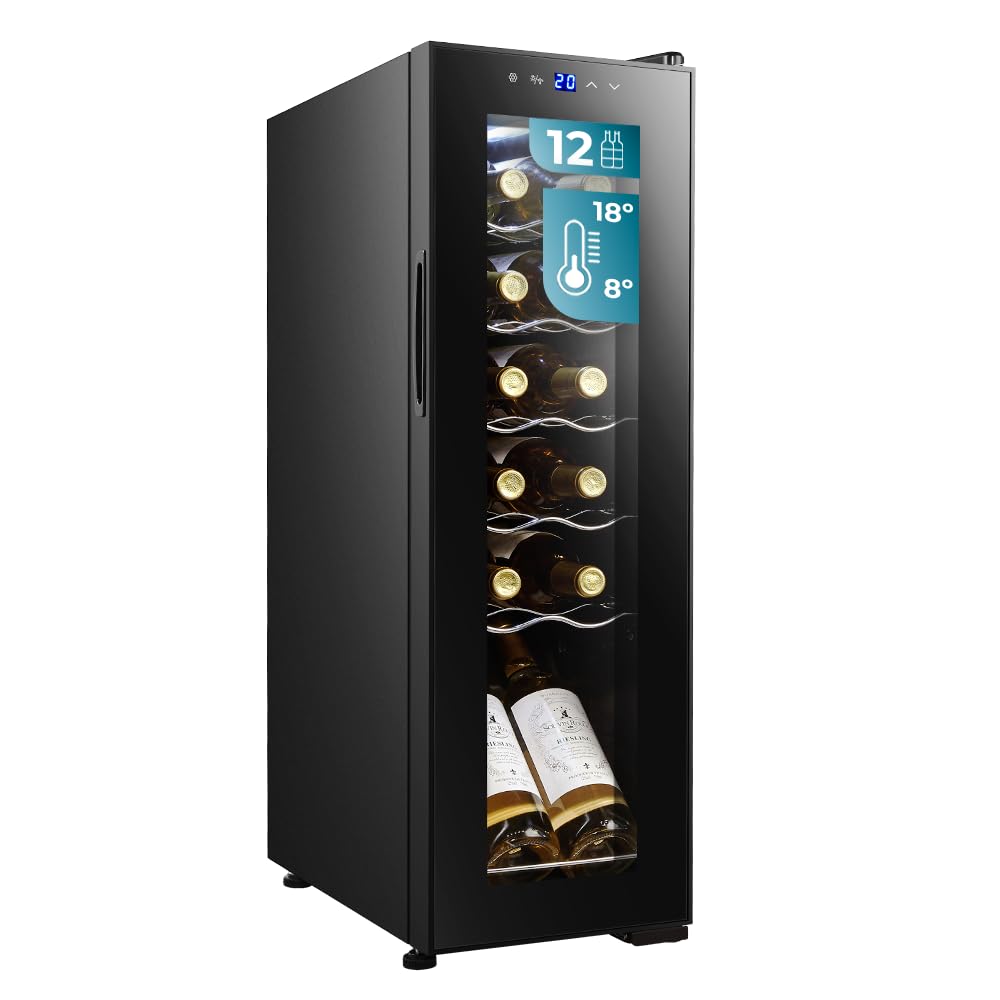 Cecotec Caves à vin Bolero GrandSommelier 1250 CoolCrystal Compressor. 12 bouteilles, Température 8-18ºC, Estantes en bois, Affichage tactile.