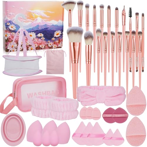 YHANEC Juego de 42 brochas de maquillaje profesionales para base de maquillaje de primera calidad, para sombra de ojos y colorete, esponja de belleza con bolsa de cosméticos