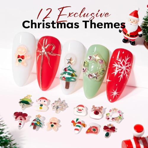 Image of modelones Gel Nail Polish Nail Charms 12Pcs Christmas 3D Nail Gems Templates Christmas Tree Santa Claus Reindeer Snowman Snowflakes Gingerbread Man Nail Rhinestones for Winter Holiday DIY Nail Art