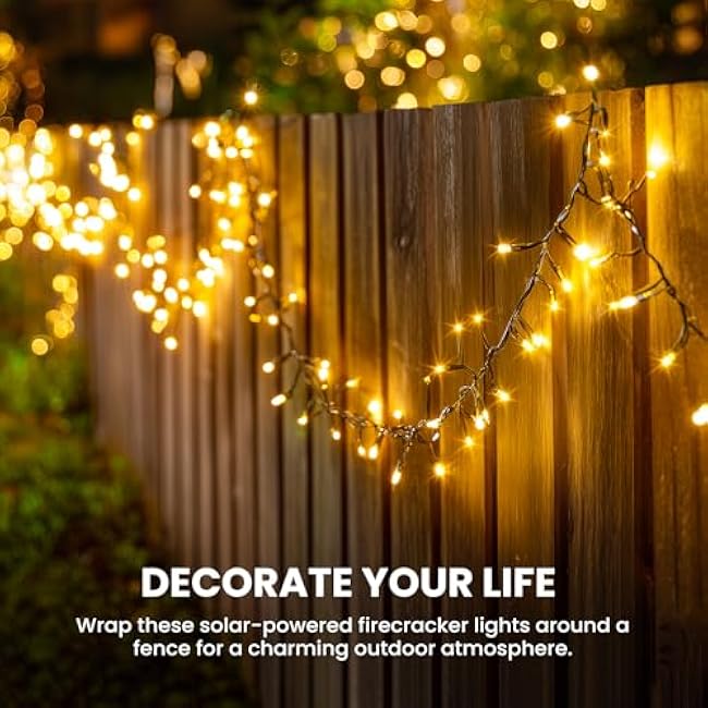 Brightown Solar String Lights Outdoor Waterproof, 9.8Ft 120 LED Garden Decor with 8 Modes, Solar Cluster Twinkle Lights for Yard, Fence, Balcony, Party, Outdoor Decor (Warm White)