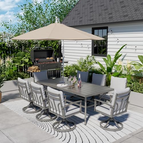 HAPPATIO 9-Piece Patio Outdoor Dining Set - All Aluminum Patio Table and Chairs Set for 8 Includes 1 Rectangular Dining Table and 8 Swivel Dining Chairs with Cushions for Lawn, Garden